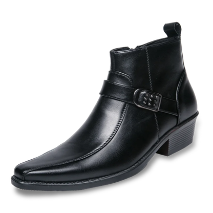 Schwarze Herrenstiefelette, Leder, modisch, mit Schnalle, ideal für Herbst und Motorradfahren.