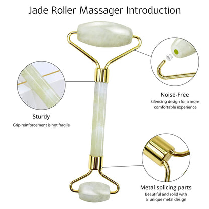 Jade-Roller Massager, grün, doppelseitig, Metallgriff, Gesichtspflege, entspannend, langlebig.