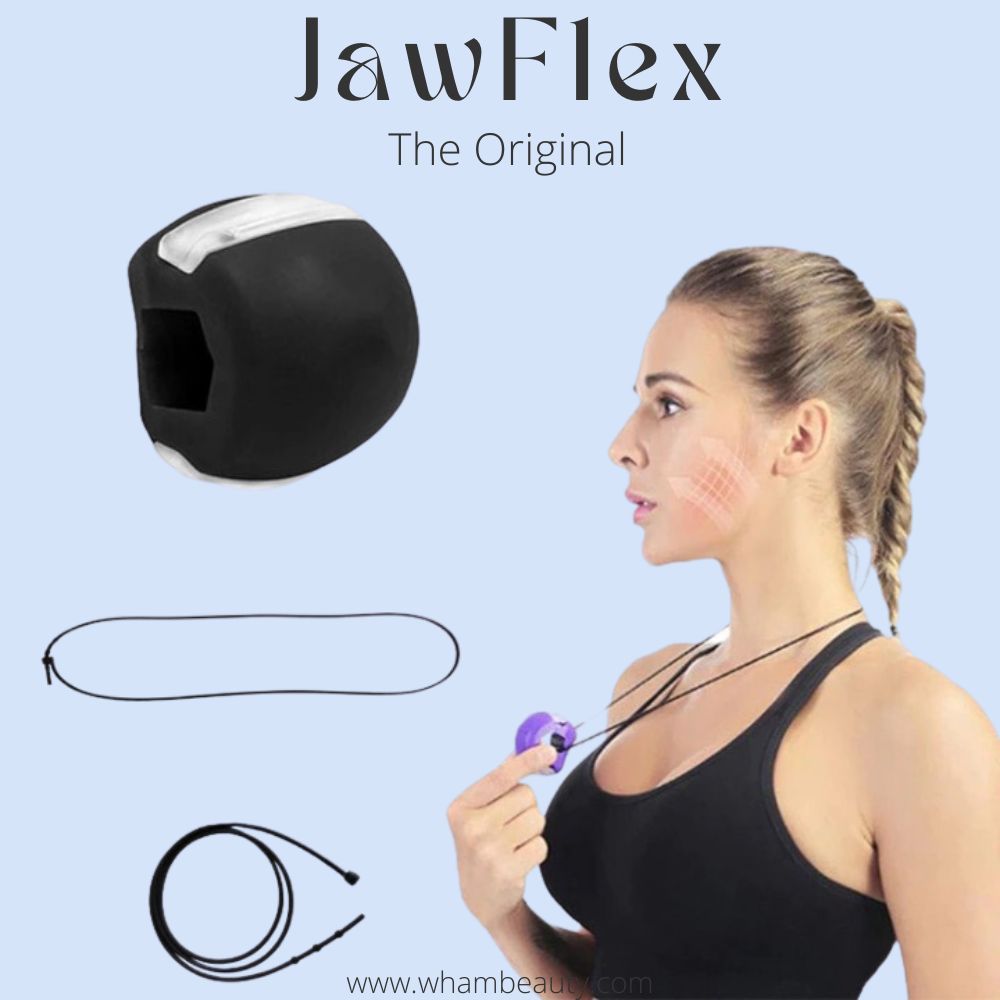 Frau mit JawFlex Kiefertrainer, schwarz, Fitnessgerät zur Gesichtsmuskulatur-Stärkung.