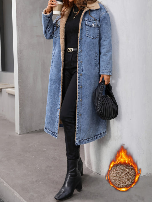 Damen Jeansmantel mit Teddyfutter, blau, lang, warm, modisch, Winterbekleidung, Streetwear.