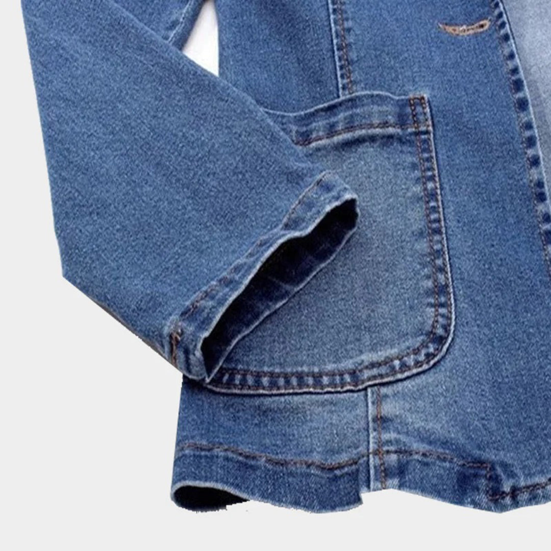 Blaue Jeansjacke, Nahaufnahme, Denim, lange Ärmel, Tasche, modisch, Freizeitkleidung
