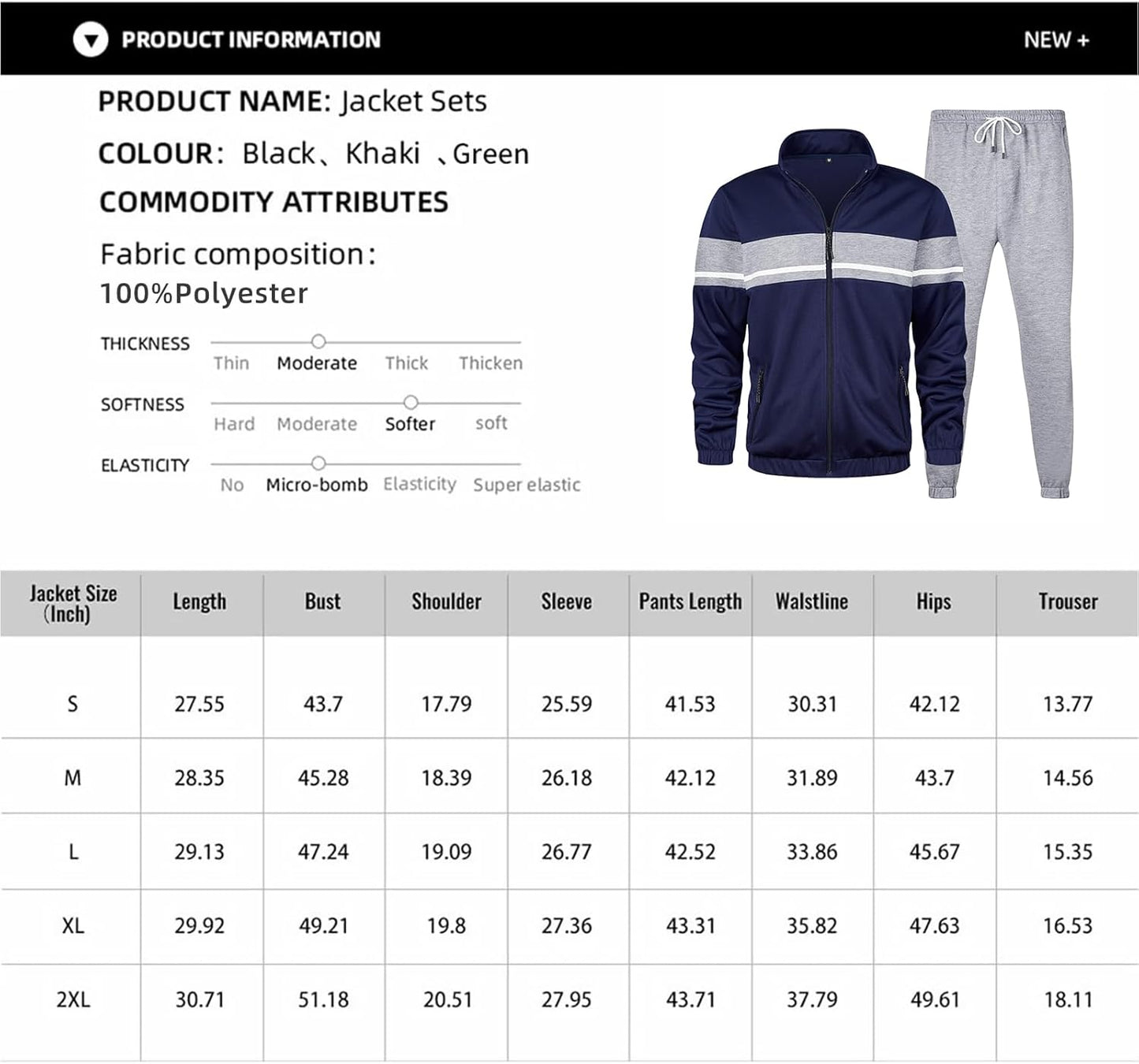 Schwarzer Polyester-Trainingsanzug für Herren, Jacke und Hose, Sportbekleidung, Größen S-2XL.