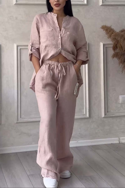 Trendiges Damen Leinen-Zweiteiler Set mit Bluse & weiter Hose – Lina