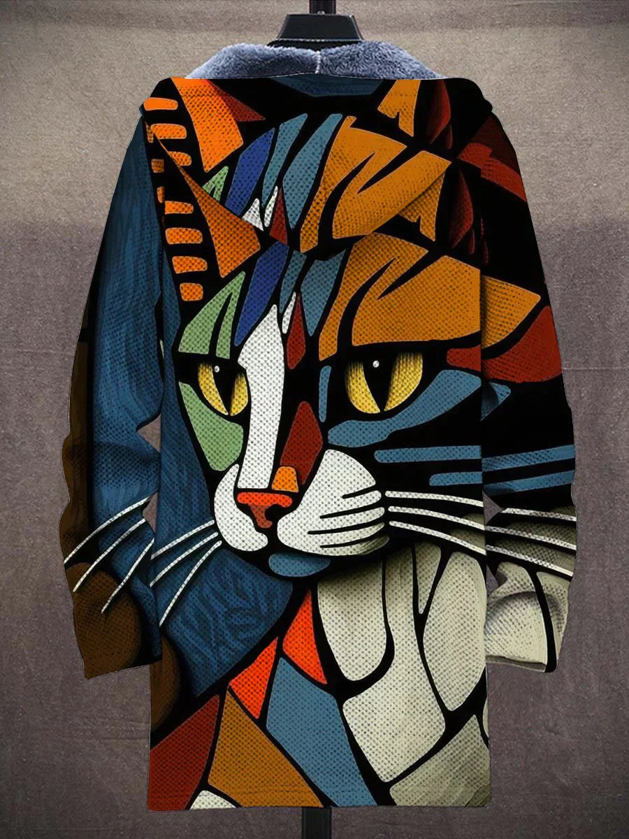Bunter Mantel mit Katzenmotiv, geometrisches Design, Kunststil, Unisex, Herbstmode.