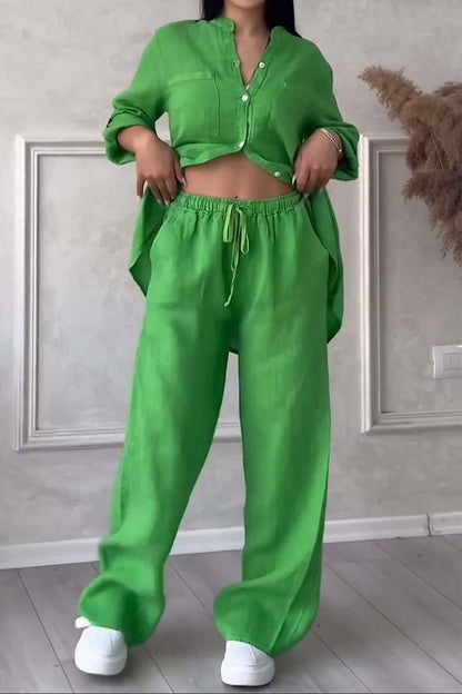 Trendiges Damen Leinen-Zweiteiler Set mit Bluse & weiter Hose – Lina