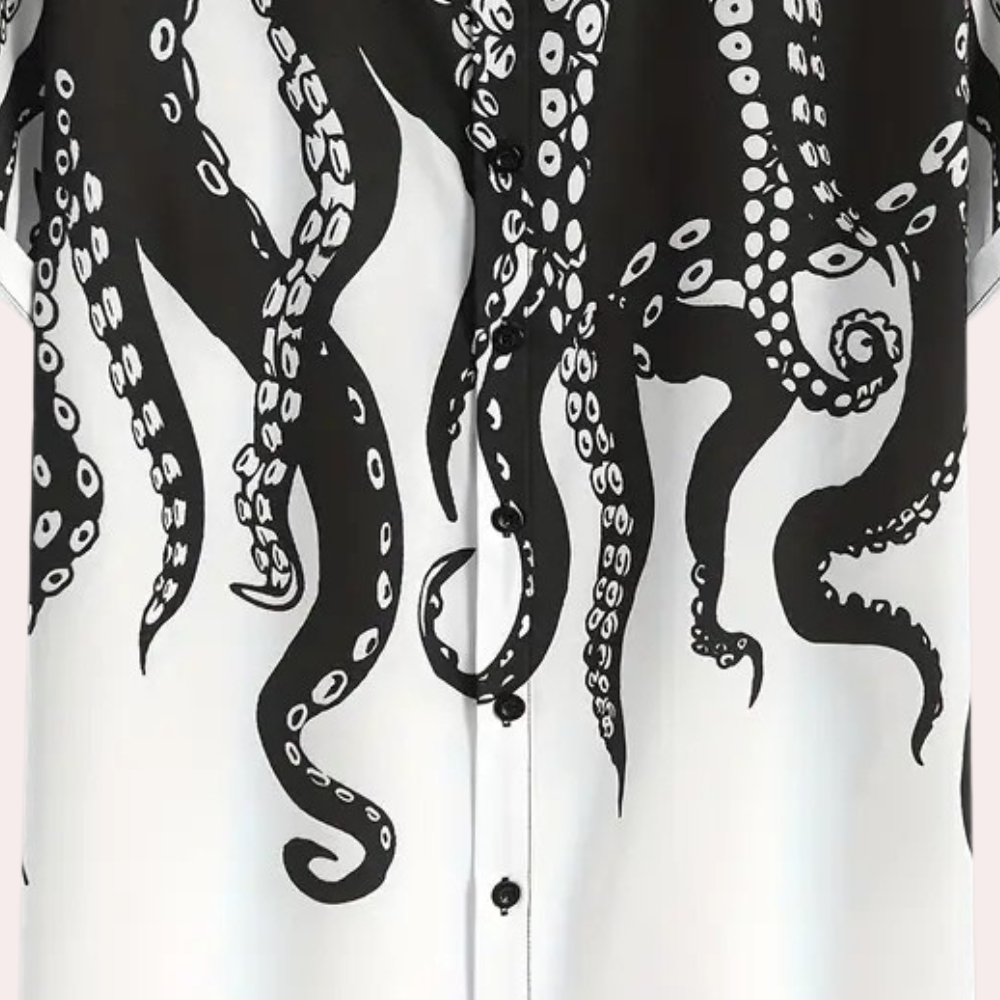 Schwarz-weißes Hemd mit Oktopus-Design, Knopfleiste, Baumwolle, modisch, maritim.