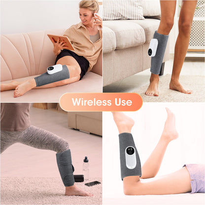Kabelloses Beinmassagegerät, grau, tragbar, für Muskelentspannung und Schmerzlinderung.