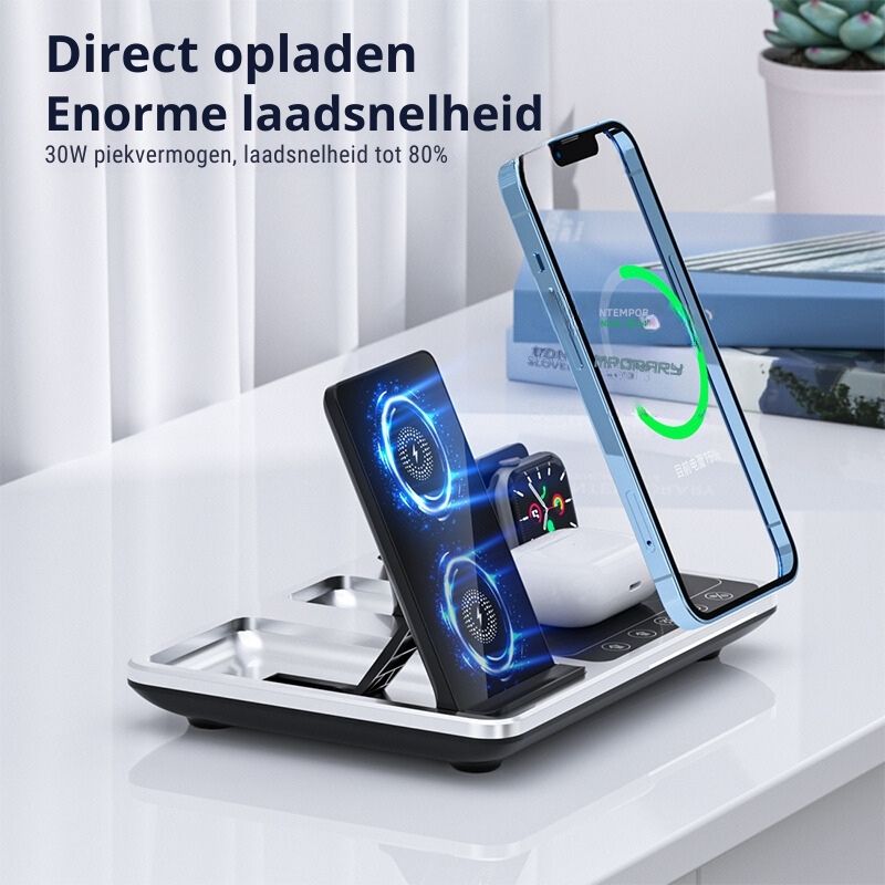 Kabelloses Ladegerät, 3-in-1, silber, für Smartphone, Smartwatch, kabelloses Laden, Schnellladefunktion.