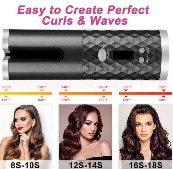 Schwarzer kabelloser Lockenstab, automatischer Haarstyler, ideal für Locken und Wellen.