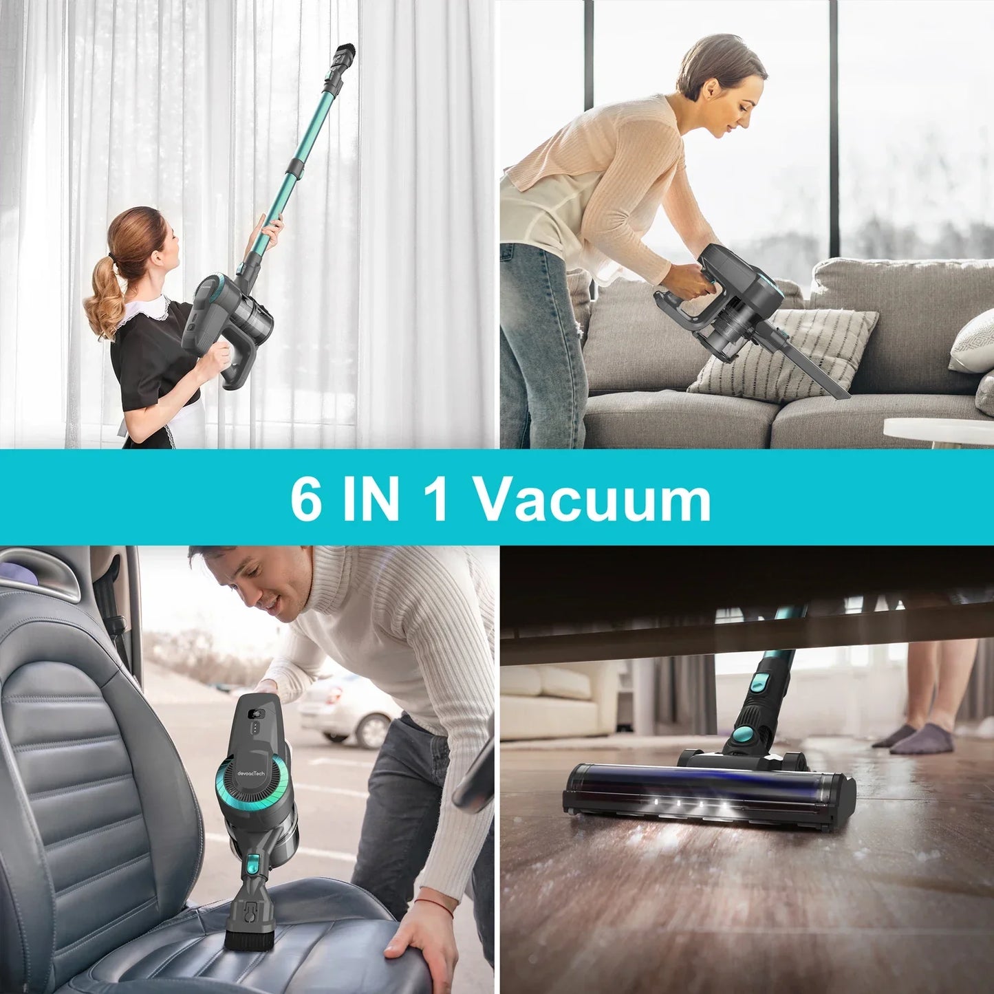 6-in-1 Akku-Staubsauger, kabellos, vielseitig, für Boden, Möbel, Auto, in modernem Design.