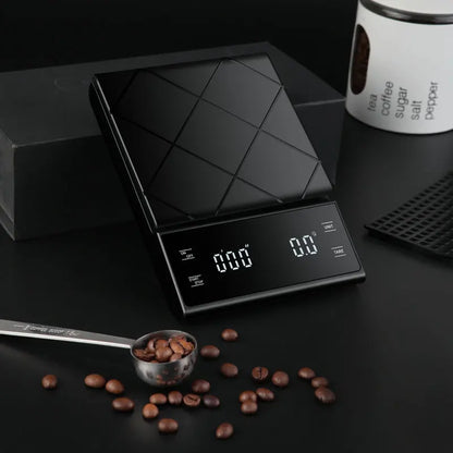 Digitale Küchenwaage mit Timer, schwarz, max. 5kg, Genauigkeit 0,1g, ideal für Kaffee.