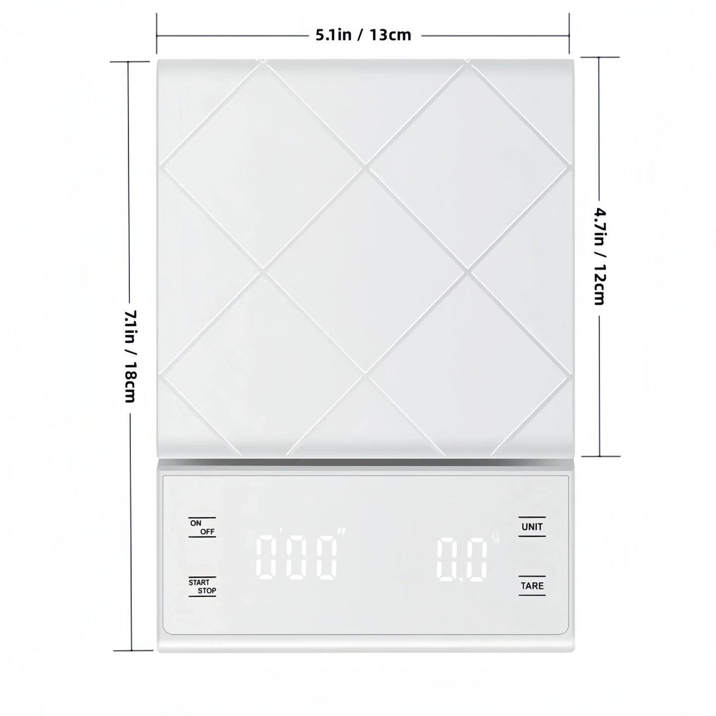 Digitale Küchenwaage mit Timer, weiß, max. 5kg, Genauigkeit 0,1g, ideal für Kaffee und Lebensmittel.