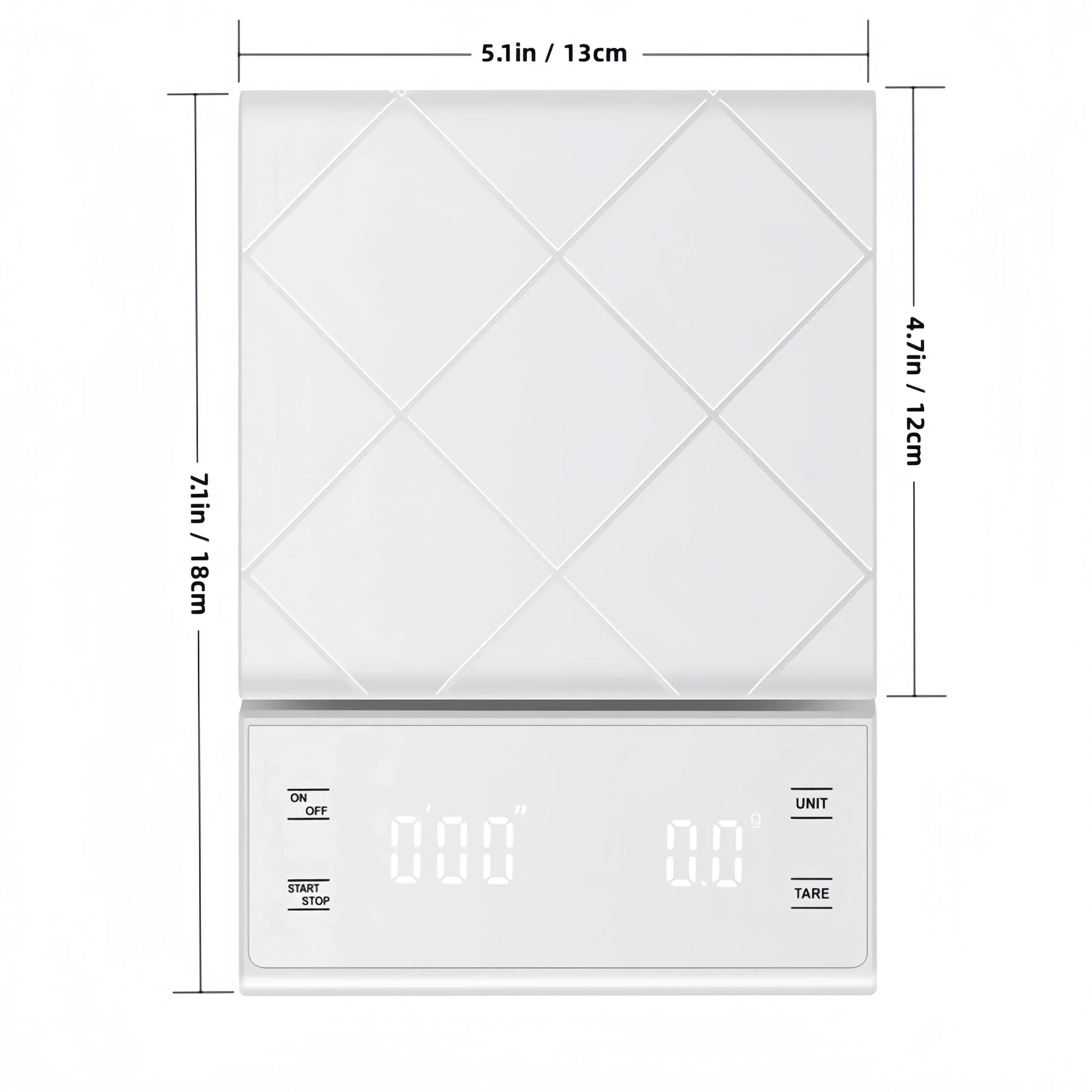 Digitale Küchenwaage mit Timer, weiß, max. 5kg, Genauigkeit 0,1g, ideal für Kaffee und Lebensmittel.