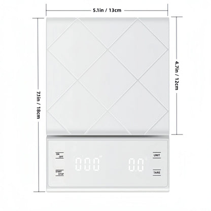 Digitale Küchenwaage mit Timer, weiß, max. 5kg, Genauigkeit 0,1g, ideal für Kaffee und Lebensmittel.