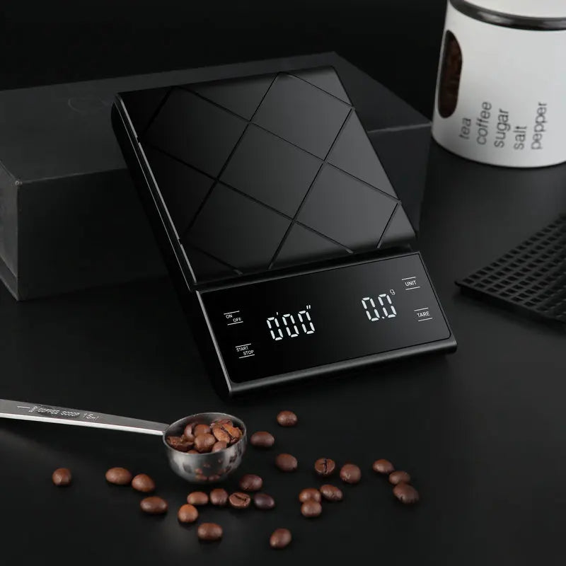 Digitale Kaffeewaage mit Timer, schwarz, max. 5kg, Genauigkeit 0,1g, ideal für Küche.