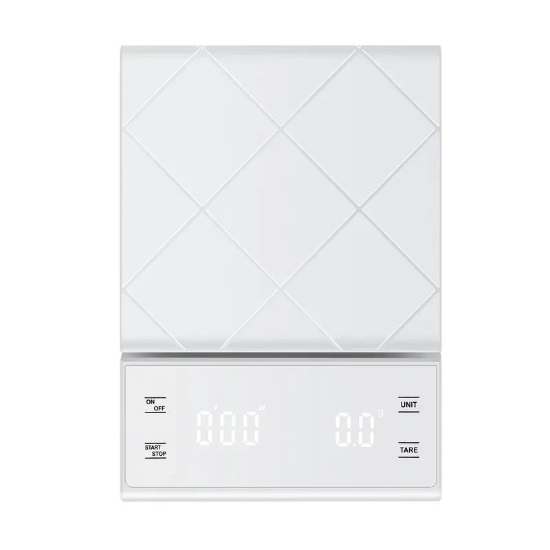 Digitale Küchenwaage mit Timer, weiß, max. 5kg, Genauigkeit 0,1g, LCD-Anzeige.