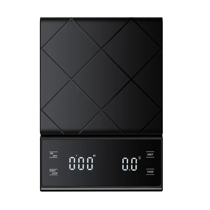 Digitale Küchenwaage mit Timer, schwarz, 5kg Kapazität, 0,1g Genauigkeit, LED-Anzeige.