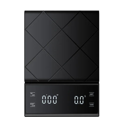 Digitale Küchenwaage mit Timer, schwarz, 5kg Kapazität, 0,1g Genauigkeit, LED-Anzeige.