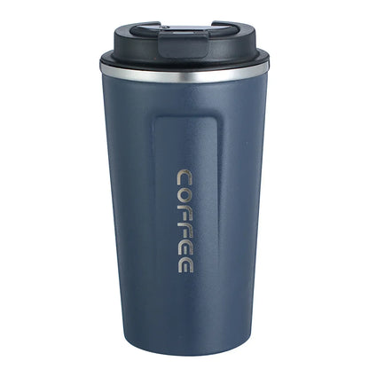 Blauer Thermobecher aus Edelstahl mit Deckel, ideal für Kaffee unterwegs, isoliert, 350ml.