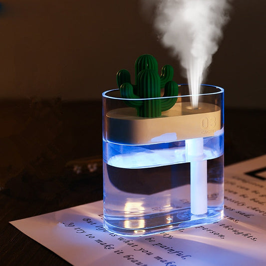 Luftbefeuchter mit Kaktus-Design, LED-Beleuchtung, transparent, modern, dekorativ.