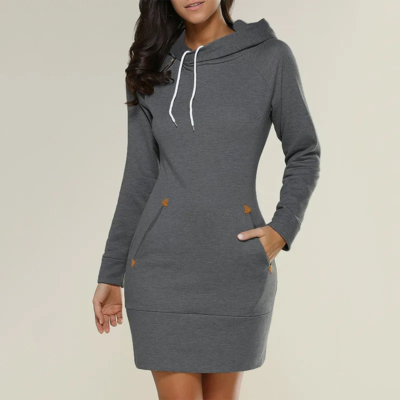 Sweatkleid | Taschen | Kaputzen | Knielang | Lange Ärmel | Einfarbig-Dunkelgrau-S-Luzern Mode
