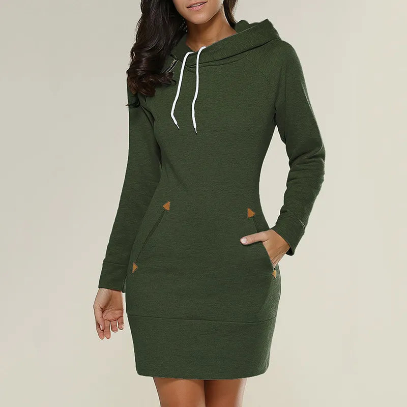 Sweatkleid | Taschen | Kaputzen | Knielang | Lange Ärmel | Einfarbig-Grün-S-Luzern Mode
