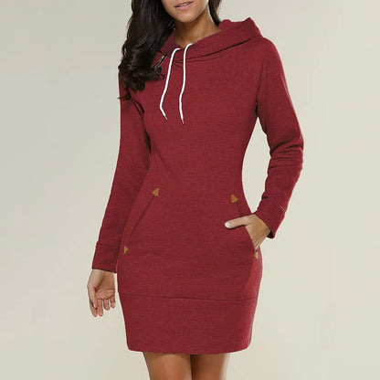 Sweatkleid | Taschen | Kaputzen | Knielang | Lange Ärmel | Einfarbig-Rot-S-Luzern Mode