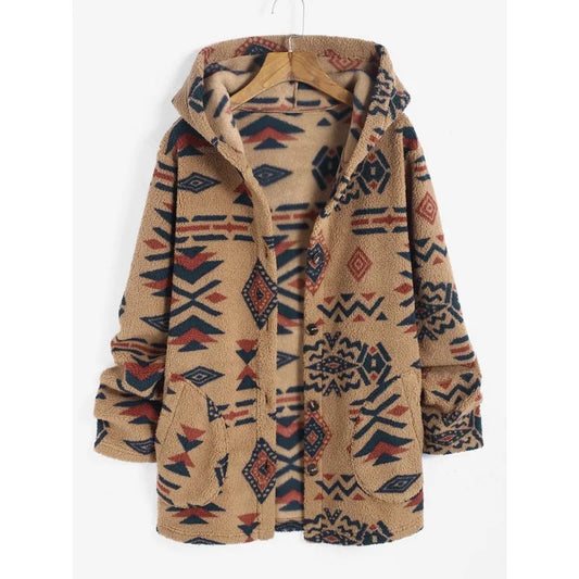 Damen Kapuzenjacke, beige, Aztekenmuster, Fleece, warm, modisch, Herbst/Winter, bequem.