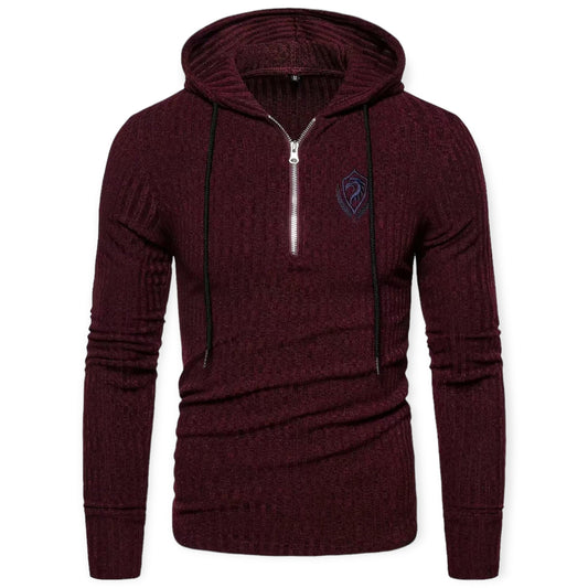 Bordeauxfarbener Herrenpullover mit Kapuze, Reißverschluss, Strickmuster, modisch, bequem.