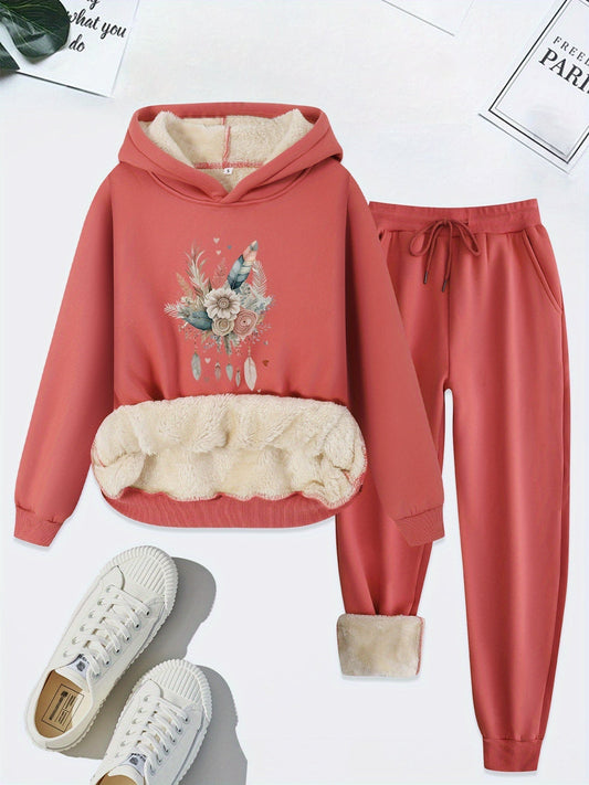 Rosa Damen-Sweatshirt und Jogginghose Set mit Blumenmuster, Fleece-Futter, Freizeitmode.