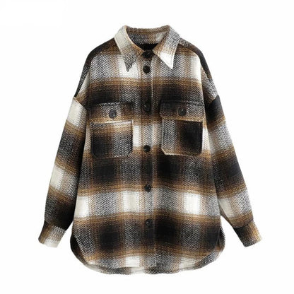 Damenjacke kariert braun, halblang, Vintage-Streetwear, ideal für Frühling.