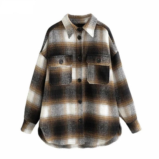 Damenjacke kariert braun, halblang, Vintage-Streetwear, ideal für Frühling.