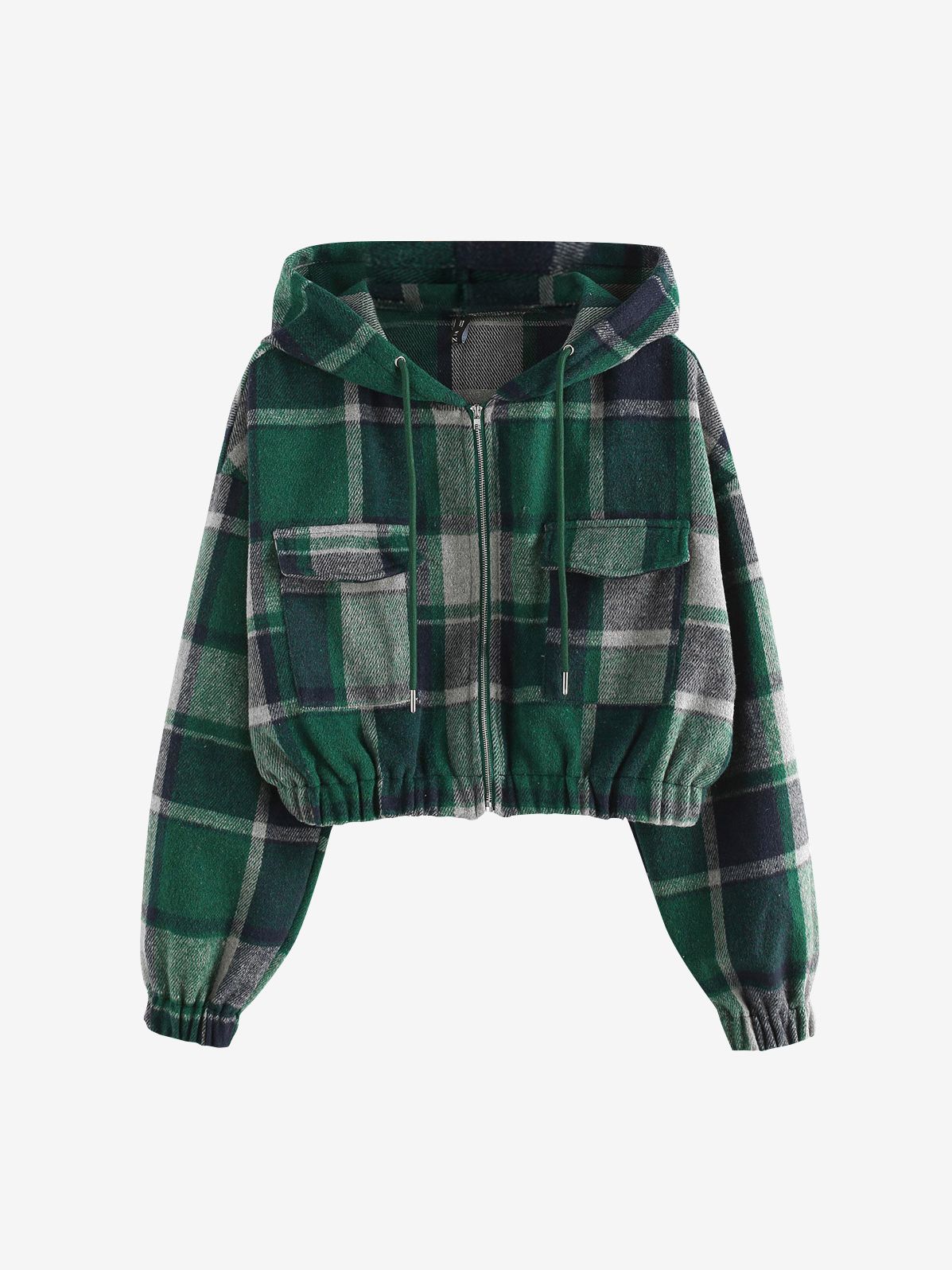 Grüne karierte Kapuzenjacke, Damen, Reißverschluss, Taschen, Baumwolle, modisch, Herbstmode.