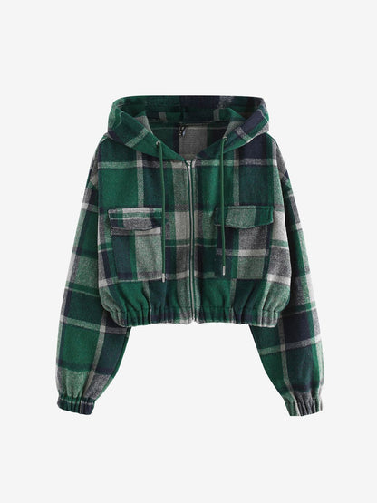Grüne karierte Kapuzenjacke, Damen, Reißverschluss, Taschen, Baumwolle, modisch, Herbstmode.