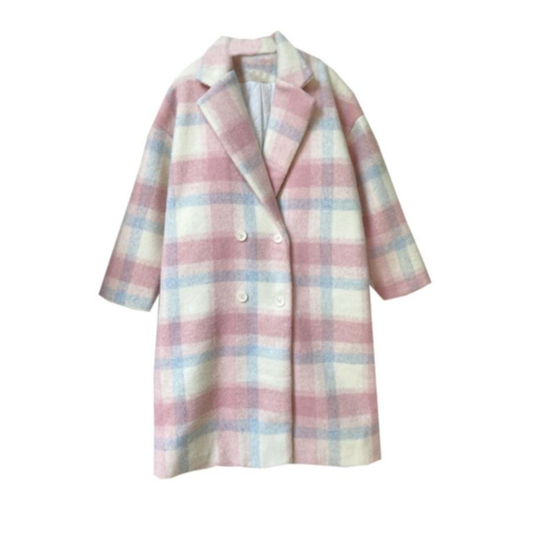 Damenmantel kariert rosa blau weiß, Wollmischung, Herbstmode, eleganter Stil.