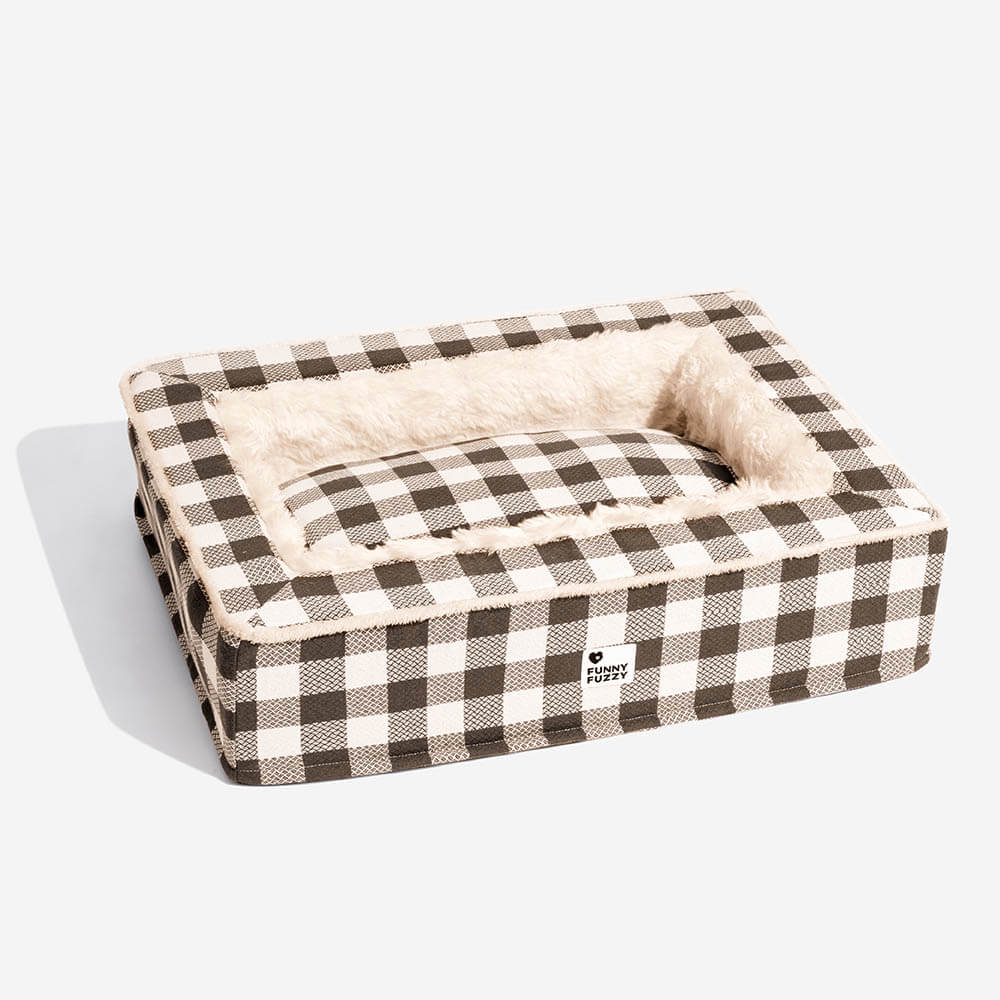 Kariertes Hundebett, beige-schwarz, gemütlich, beruhigend, Anti-Angst, weiches Material.