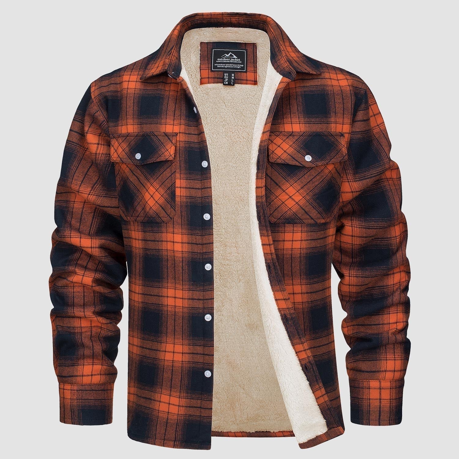 Orange-schwarzes kariertes Flanellhemd mit Fleece-Futter, Herrenmode, warm, langärmelig.