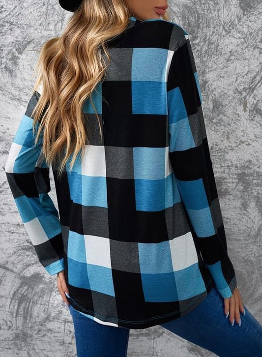 Damenhemd kariert blau-schwarz, Langarm, lässig, Baumwolle, modisch, Herbstmode.