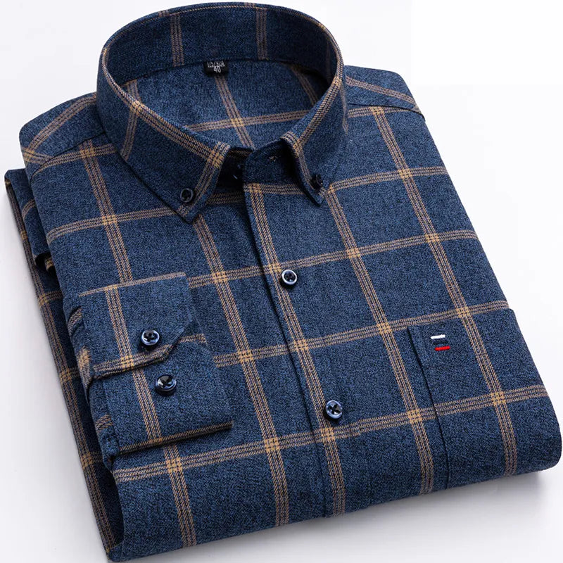 Blau kariertes Herrenhemd, Baumwolle, Langarm, Button-Down-Kragen, Freizeitmode.
