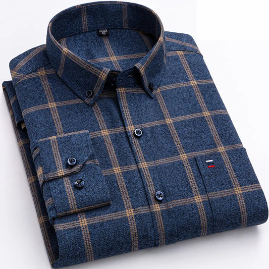 Blau kariertes Herrenhemd, Baumwolle, Langarm, Button-Down-Kragen, Freizeitmode.