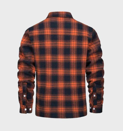Orange-schwarzes kariertes Flanellhemd, langärmelig, Herrenmode, Rückansicht.