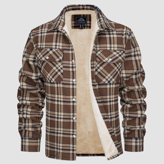 Braun kariertes Herrenhemd mit Fleece-Futter, Langarm, Knopfleiste, Wintermode.