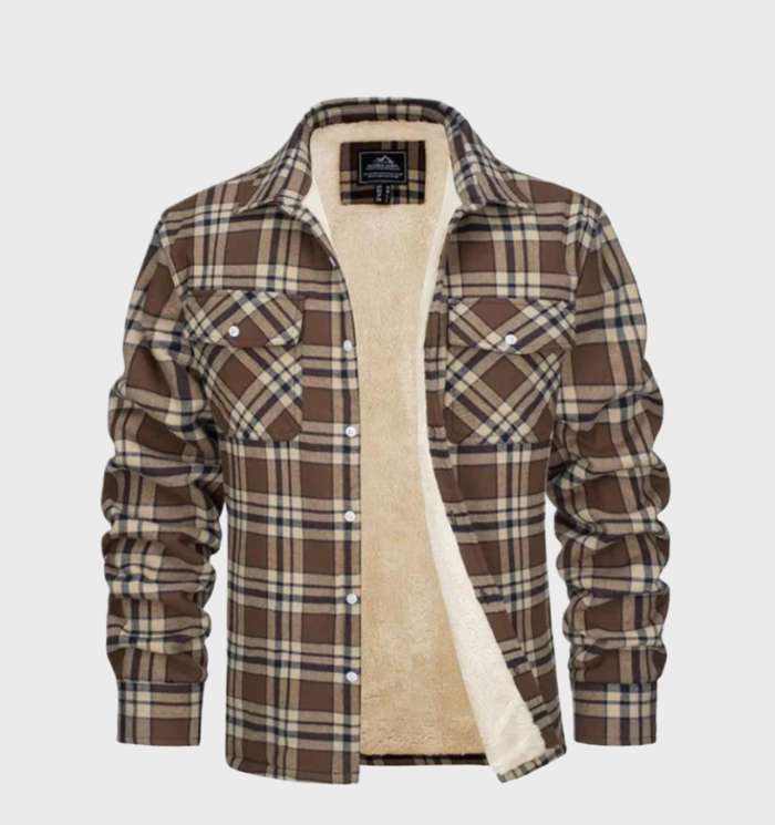 Braune karierte Herrenjacke mit Fleece-Futter, Langarm, Knopfleiste, zwei Brusttaschen.