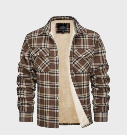 Braune karierte Herrenjacke mit Fleece-Futter, Langarm, Knopfleiste, zwei Brusttaschen.