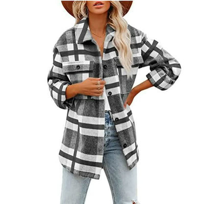Damen Karohemdjacke, schwarz-weiß, langärmelig, lässig, Herbstmode, Baumwolle.