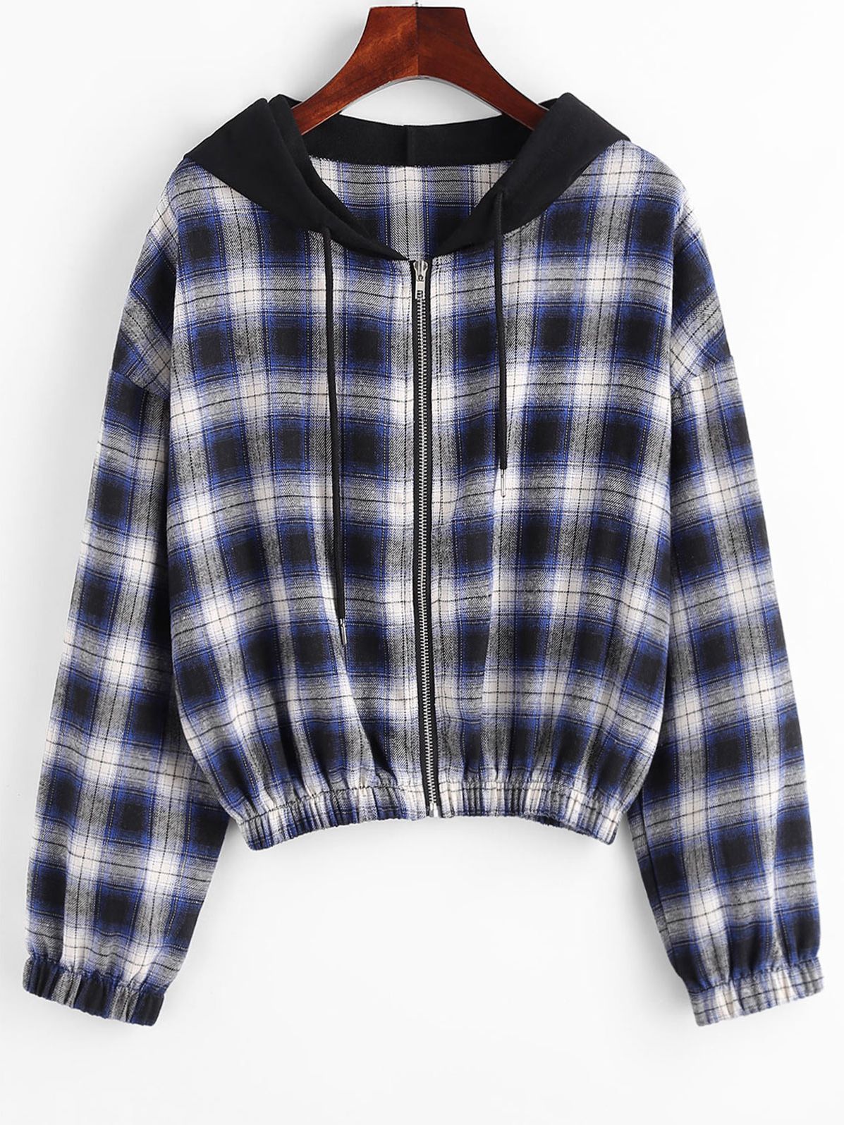 Kariertes Damen-Kapuzenhemd, blau-schwarz, Reißverschluss, langärmelig, modisch.