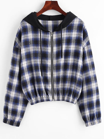 Kariertes Damen-Kapuzenhemd, blau-schwarz, Reißverschluss, langärmelig, modisch.