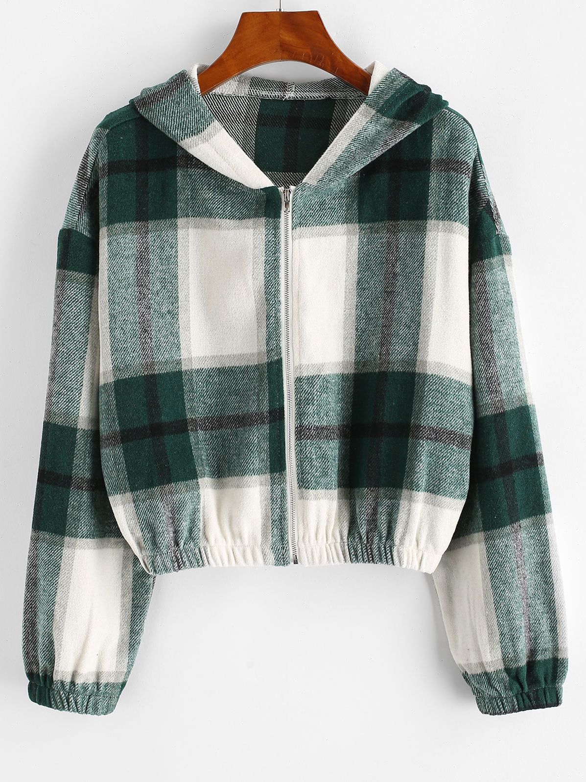 Grün-weiß karierte Kapuzenjacke, Reißverschluss, Damenmode, Baumwolle, lässiger Stil.
