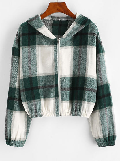 Grün-weiß karierte Kapuzenjacke, Reißverschluss, Damenmode, Baumwolle, lässiger Stil.