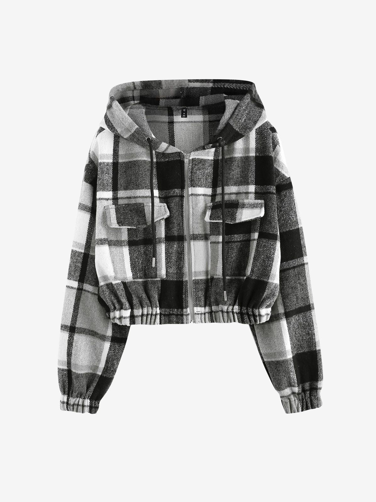 Schwarz-weiß karierte Kapuzenjacke, Damen, Kordelzug, Reißverschluss, Taschen, modisch.